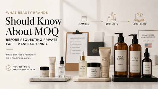 Premium private label beauty manufacturing workspace showing skincare samples, bottles, jars, and packaging progressing from product testing to 500+ and 1,000+ unit production volumes, illustrating MOQ readiness for beauty brands.