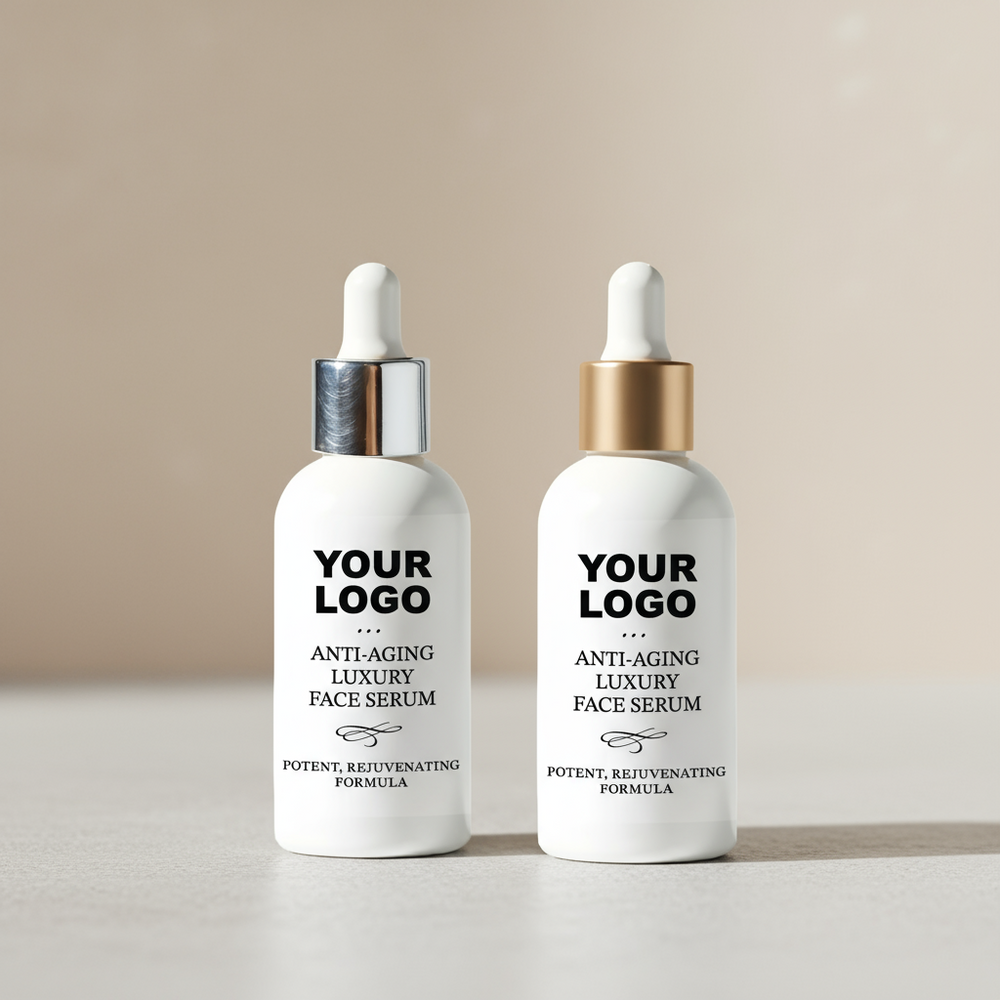 Private label peptide face serum bottles in white, silver and gold packaging, produced by Private Label Labs